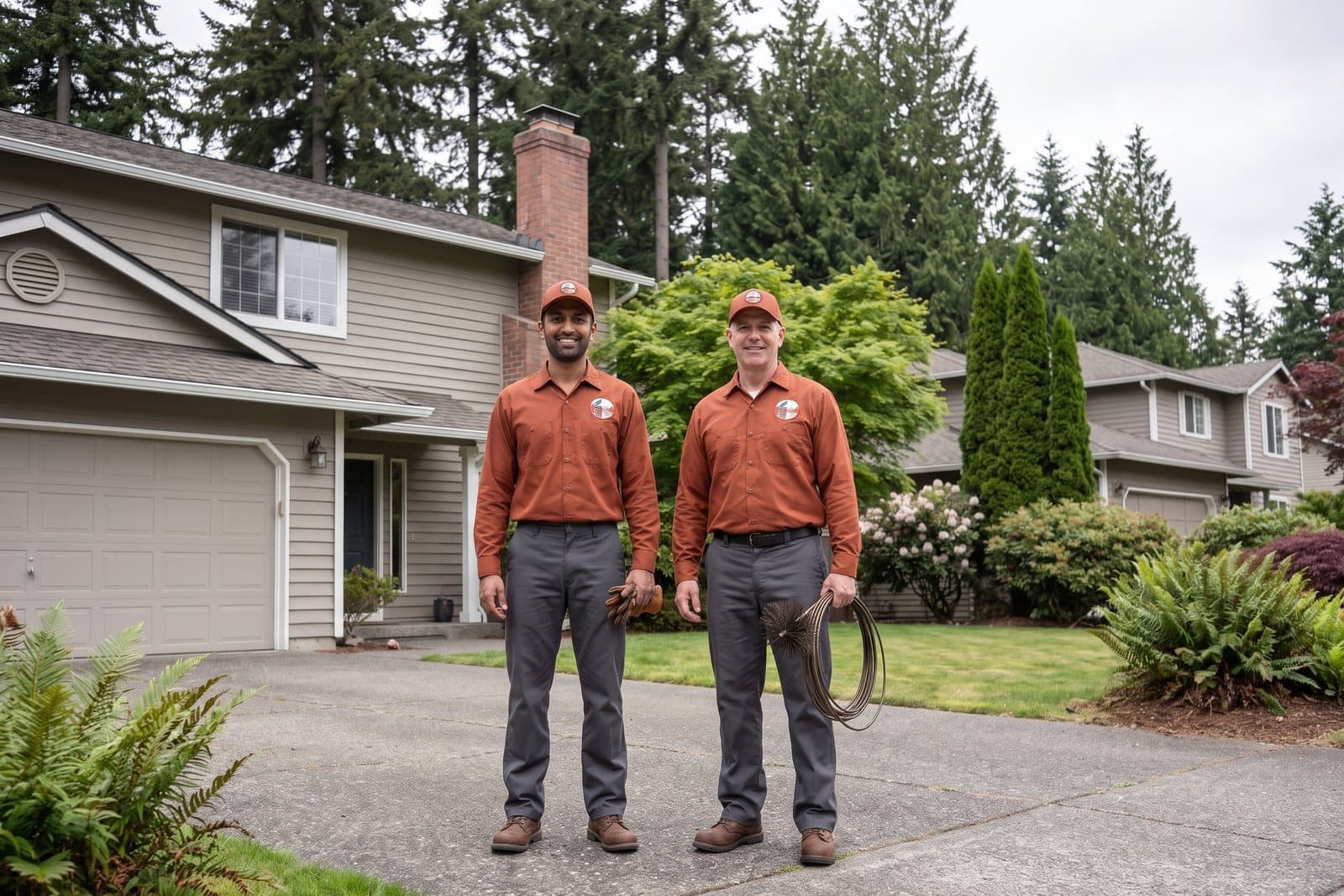 The Redmond Chimney Pros crew in front of a Redmond, WA home