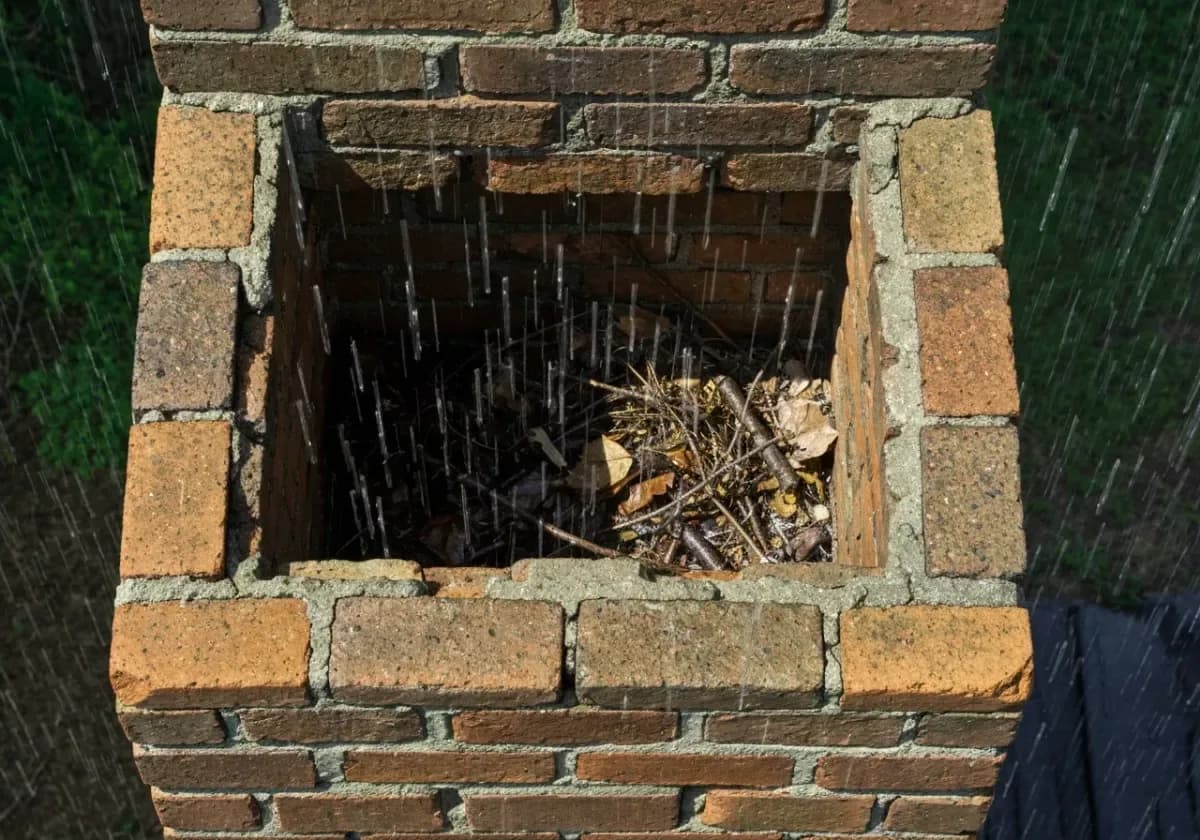 Before — chimney cap installation: An open flue closed off with a fitted stainless cap — rain and animals out, draft intact.