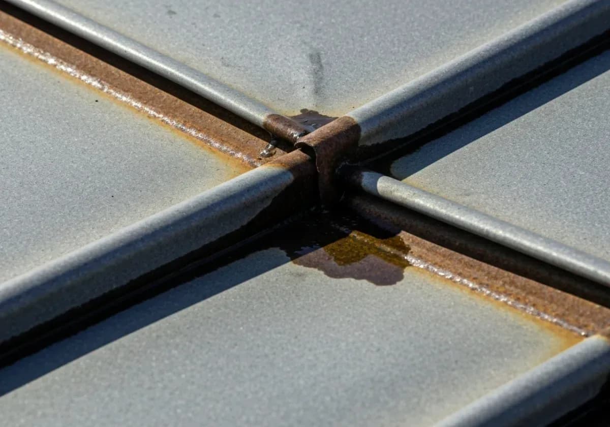 Before — chimney flashing repair: Failed roof-to-chimney flashing stripped, re-stepped and sealed watertight.