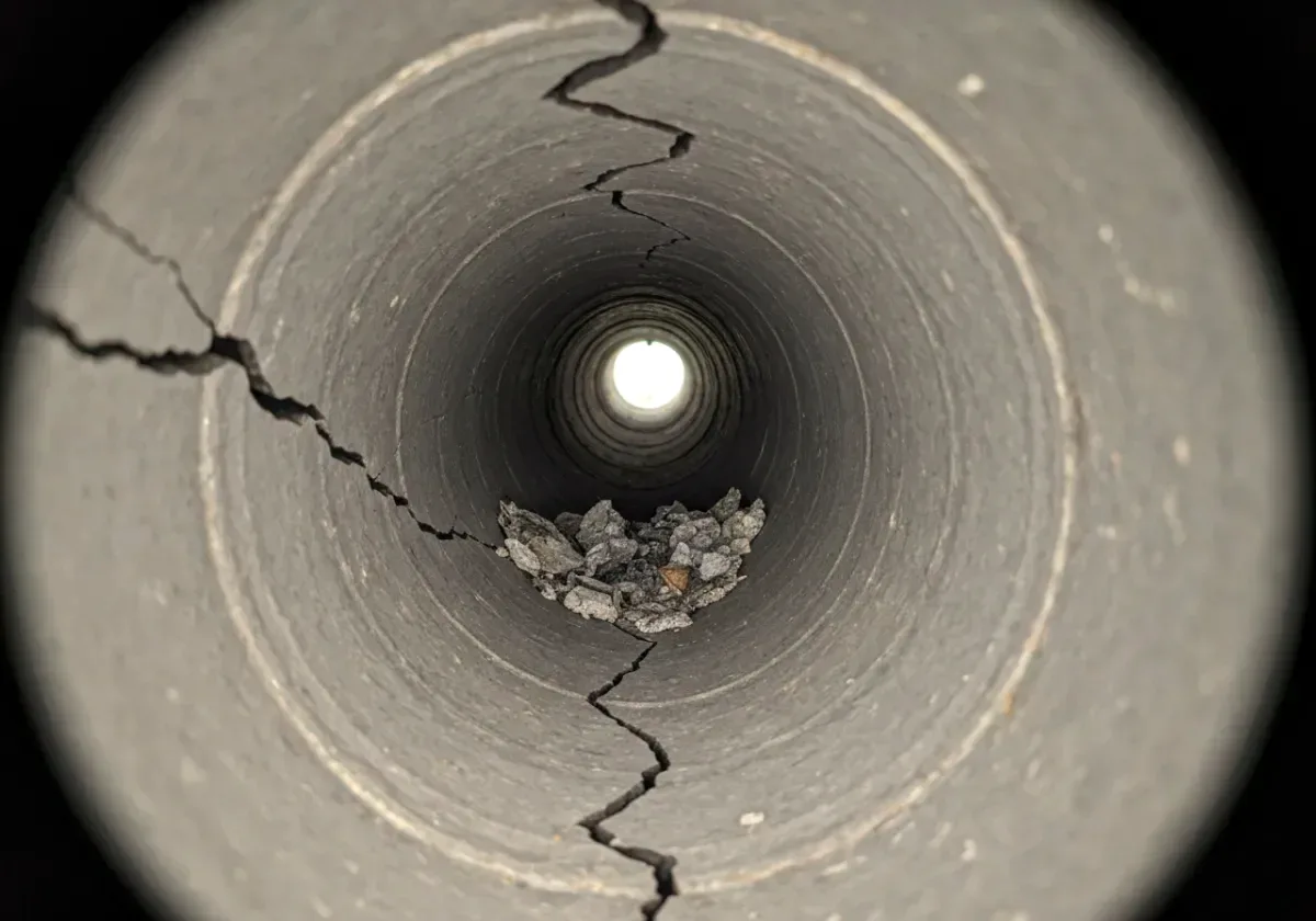 Before — chimney inspection: A camera run up the flue documents defects no floor-level look can verify.