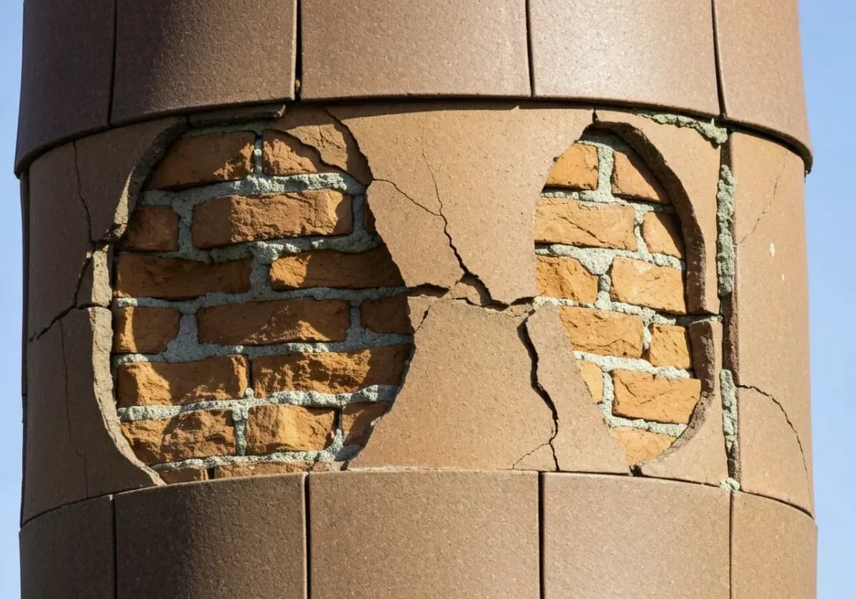 Before — chimney relining: Failed clay flue tiles replaced by a continuous, code-compliant stainless liner.