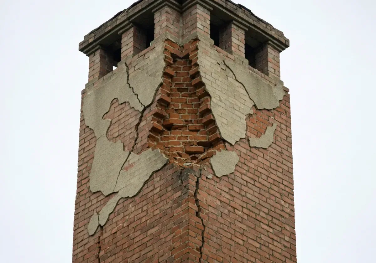 Before — chimney repair: Spalled courses and washed-out joints rebuilt to a weather-tight stack.