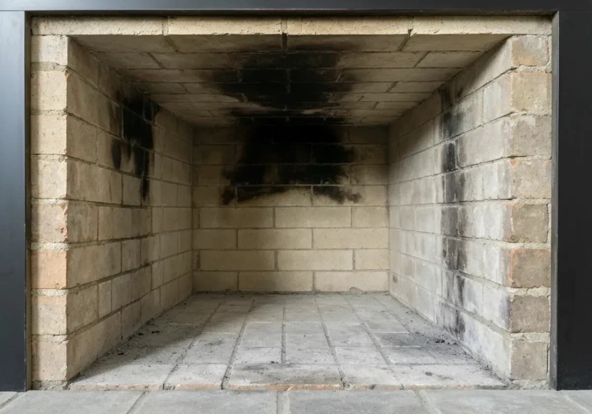After — chimney sweep: Flue and smoke chamber brushed from soot-lined back to bare, verified masonry.