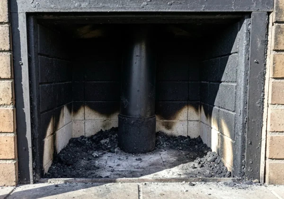Before — chimney sweep: Flue and smoke chamber brushed from soot-lined back to bare, verified masonry.