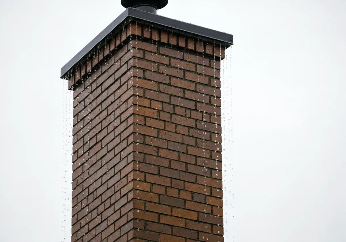 After — chimney waterproofing: Rain-saturated brick treated with a breathable repellent that sheds water, not vapor.