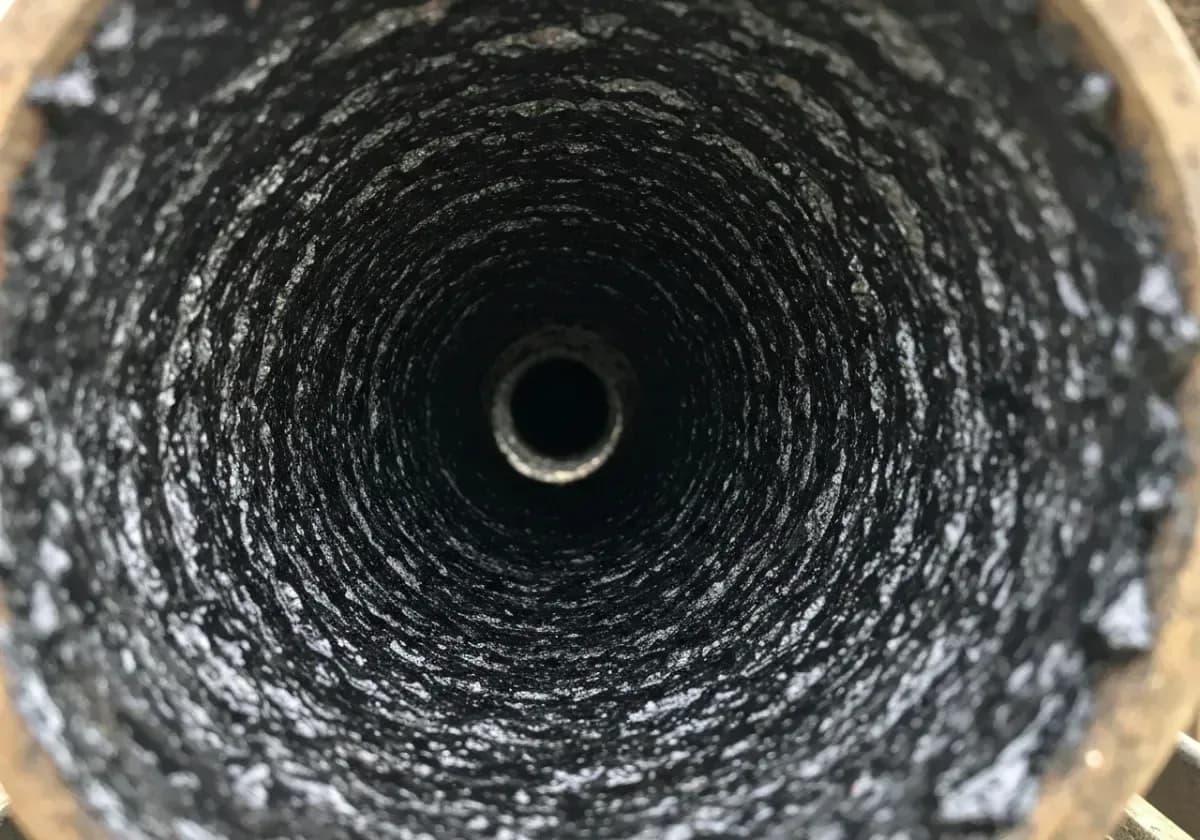 Before — creosote removal: Stage 3 glazed creosote taken down to clean flue walls — the fire fuel removed.