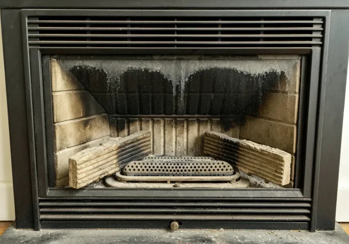 Before — gas fireplace service: A sooted, uneven gas fireplace serviced back to a steady, verified burn.