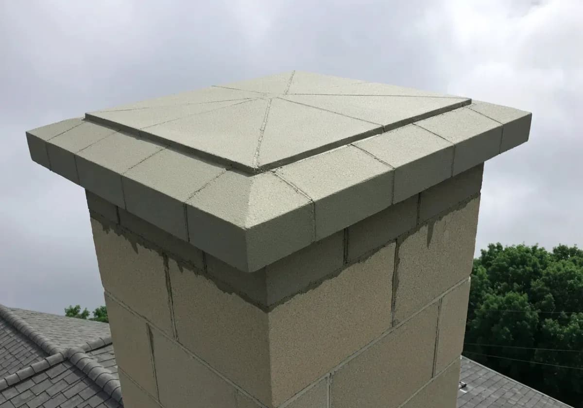 After — masonry repair (crown / repointing): Cracked crown recast and eroded top joints repointed to shut down water entry.