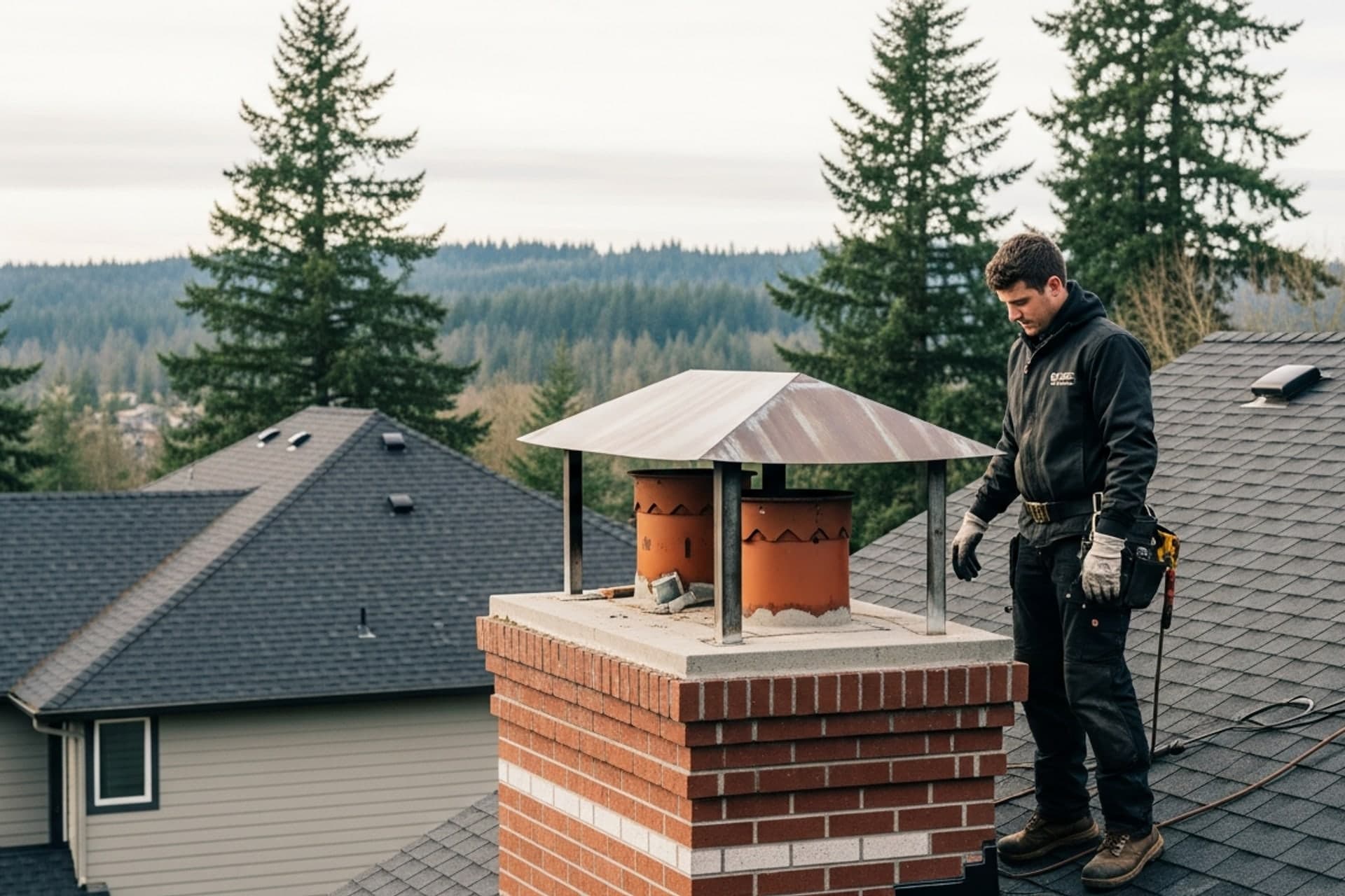 Chimney sweep technician inspecting a rooftop brick chimney on a Redmond home