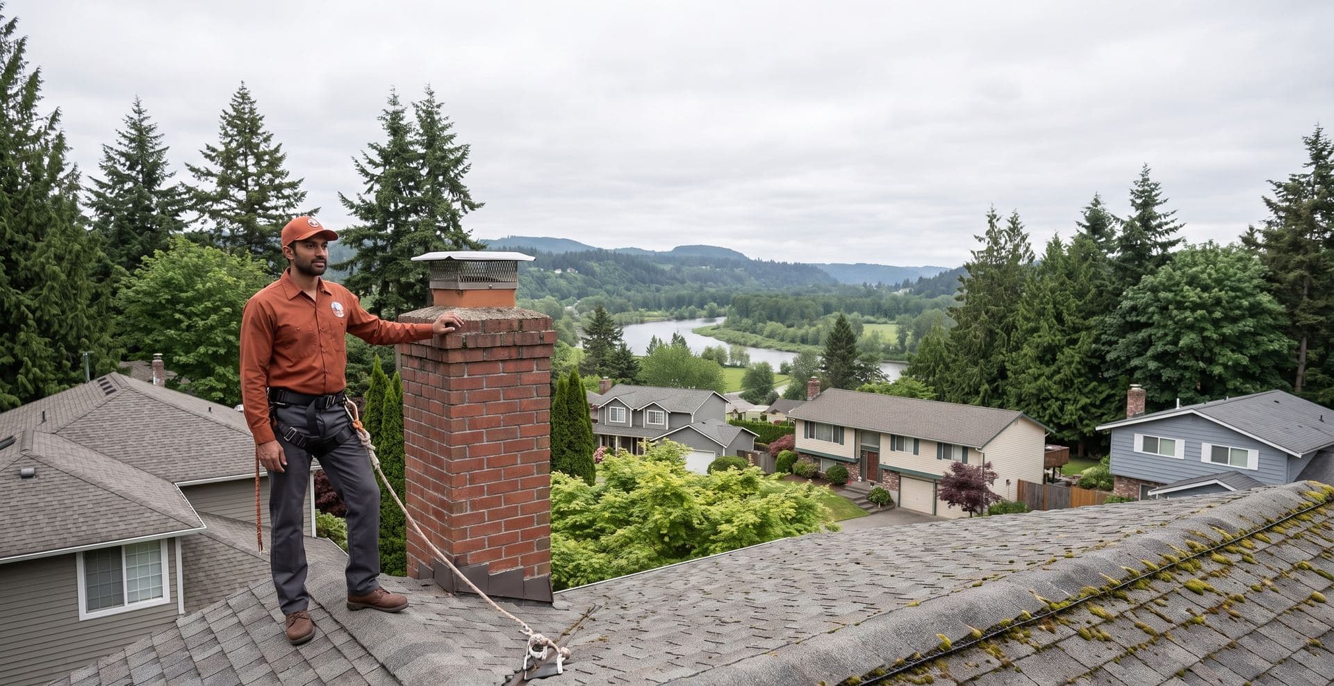 Chimney sweep technician beside a rooftop brick chimney on a Redmond home