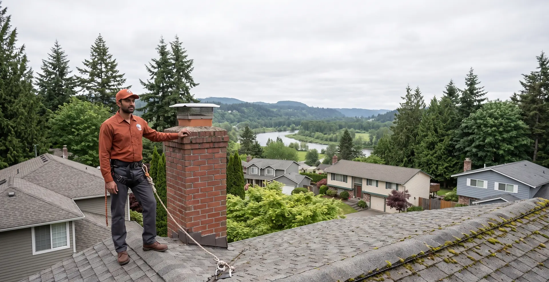 Chimney sweep technician beside a rooftop brick chimney on a Redmond home