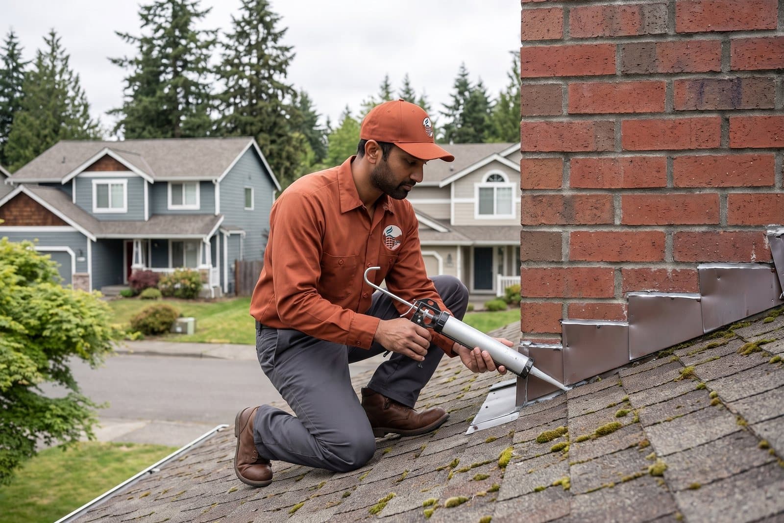 Chimney flashing repair at the roofline