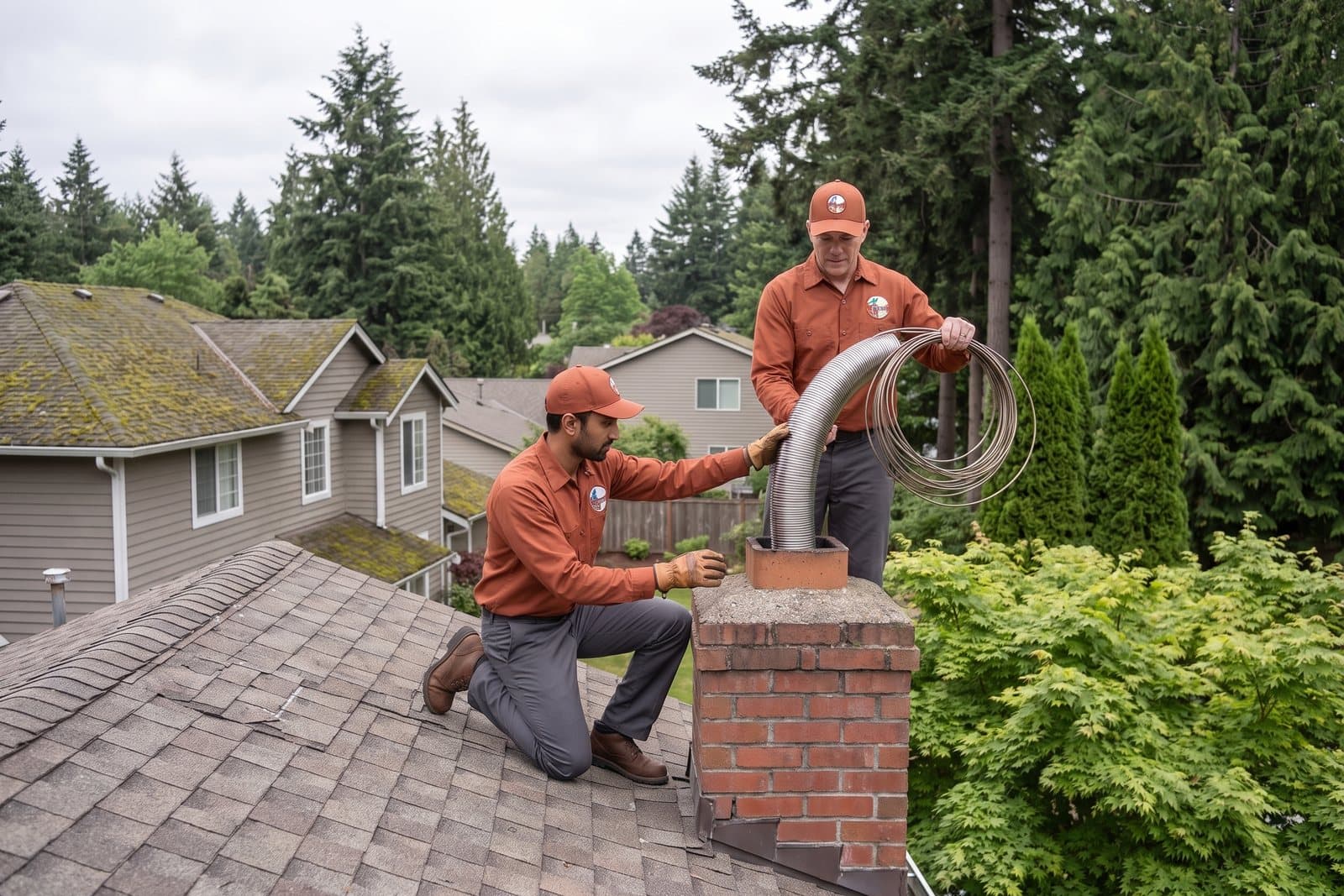 Stainless steel chimney liner being installed