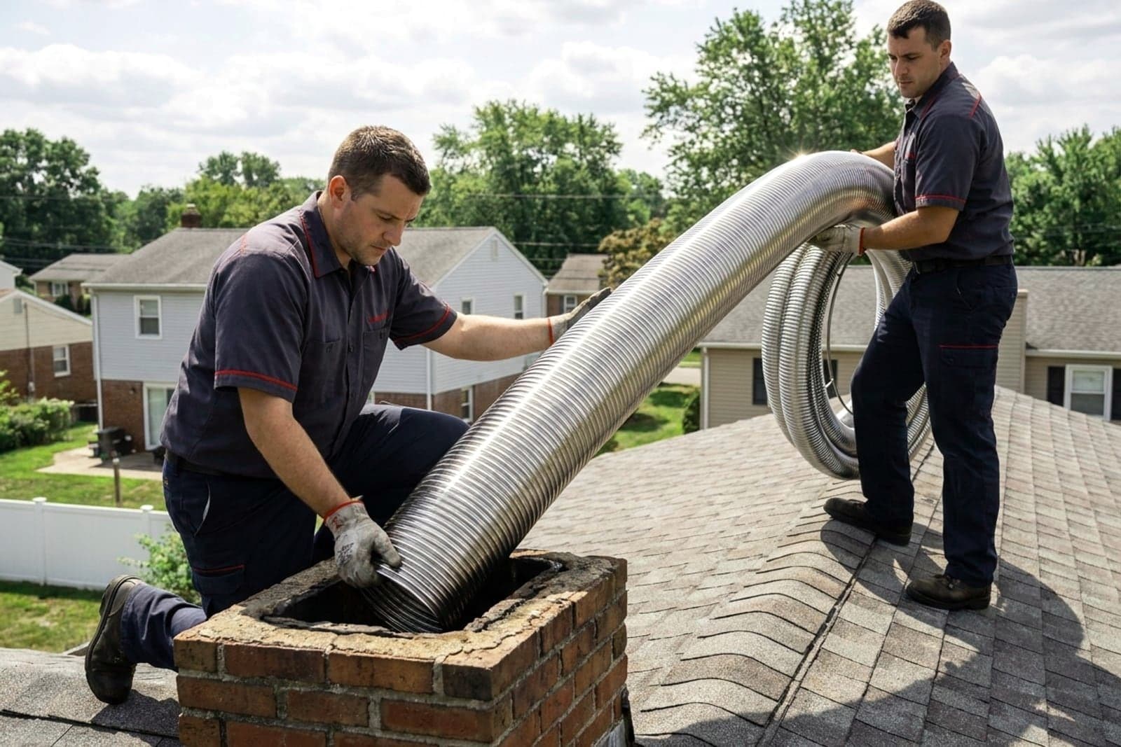 Chimney Relining in Washington — stainless steel chimney liner being installed