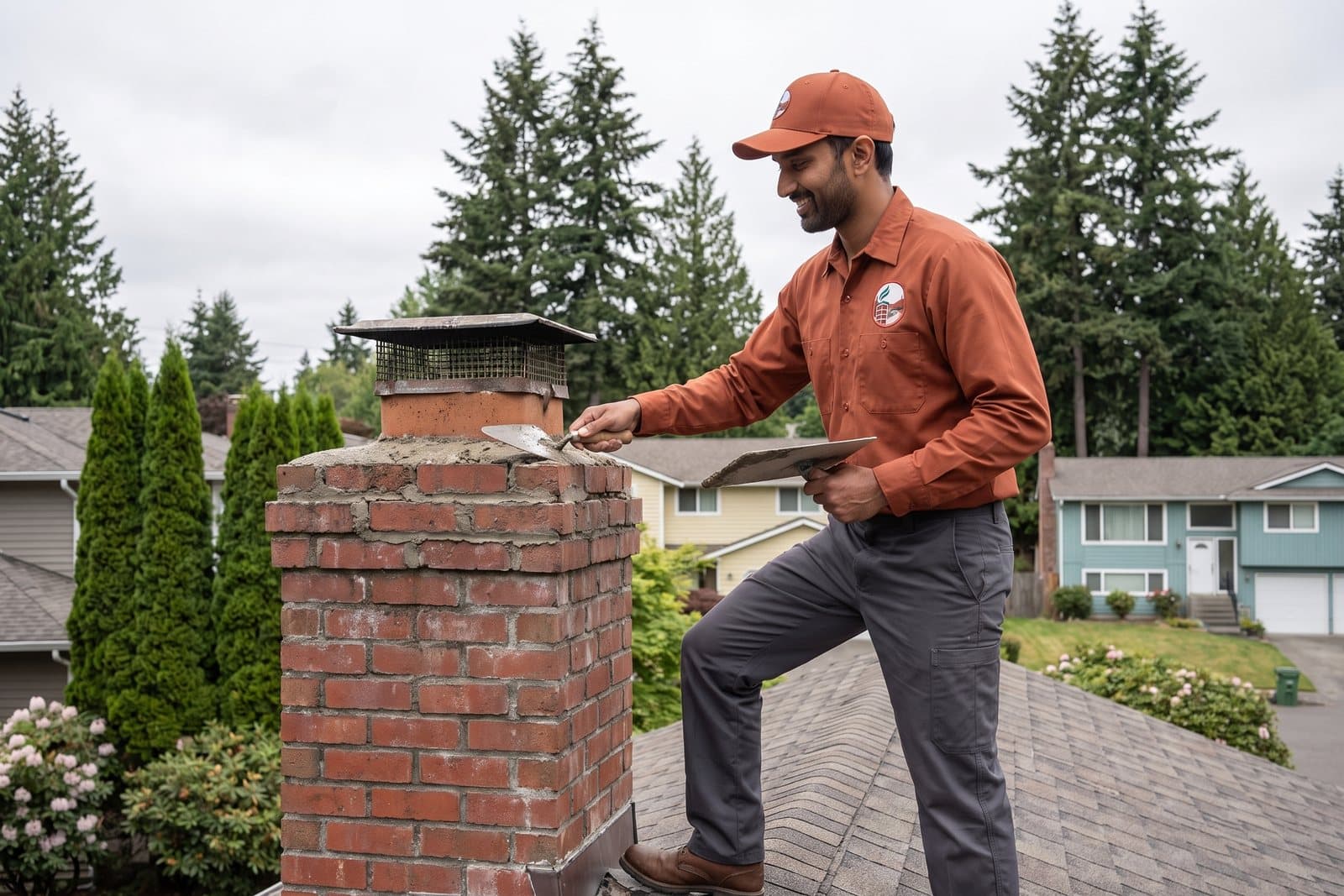 Masonry repair on a brick chimney
