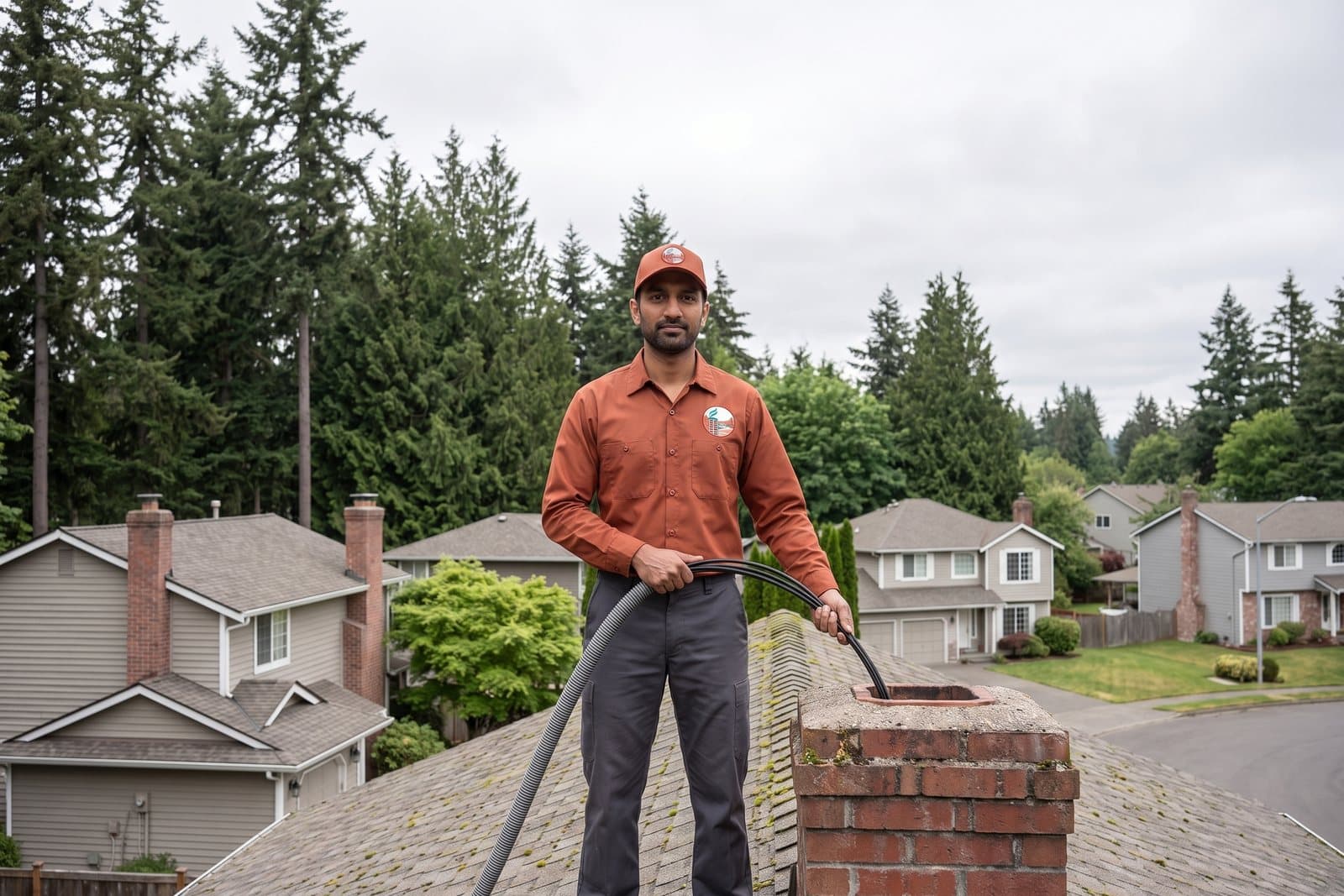 Chimney sweep cleaning a rooftop flue