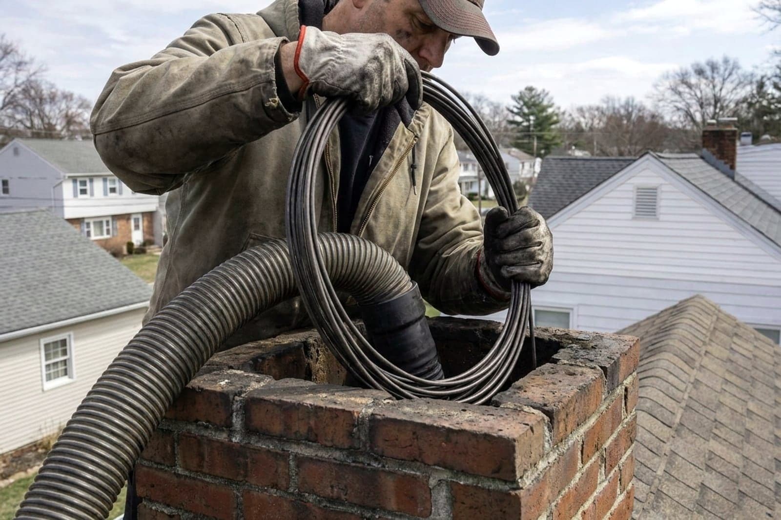 Chimney Sweep in Washington — chimney sweep cleaning a rooftop flue