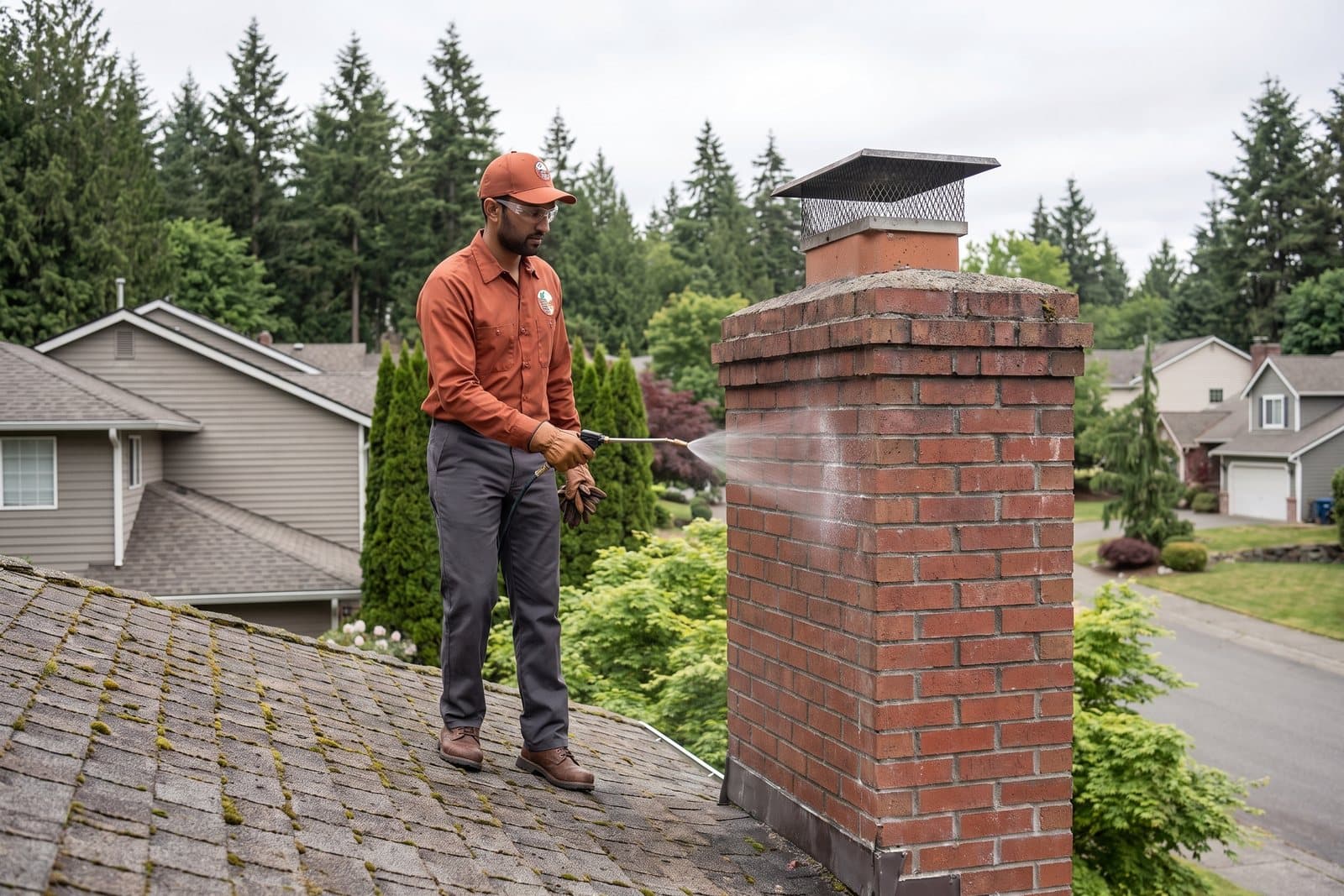 Chimney waterproofing being applied to brickwork